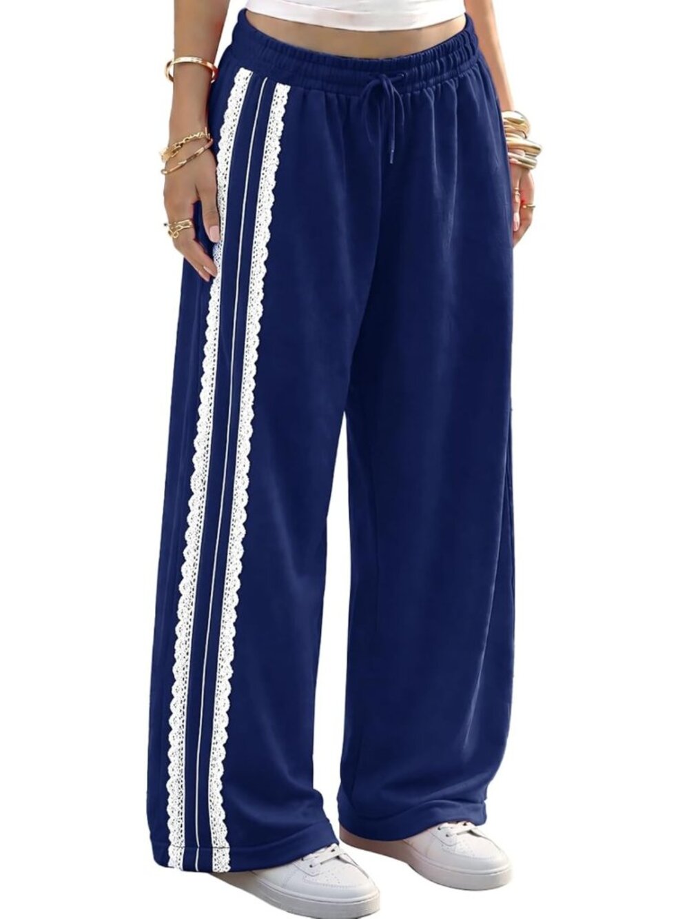 Chic Wide Leg Track Pants for Women | Low Rise Lace Side Stripe Design